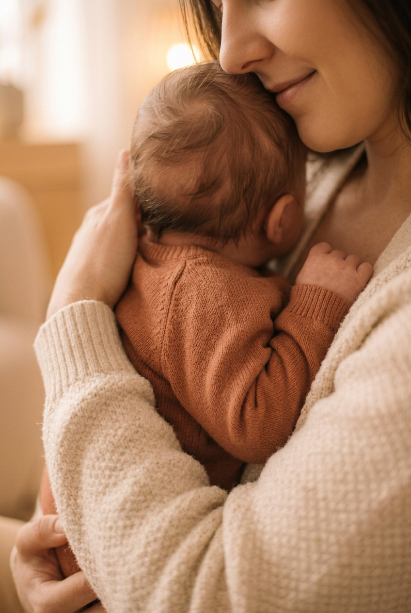 Mutter hält ihr Baby im Arm, Wange an Wange
