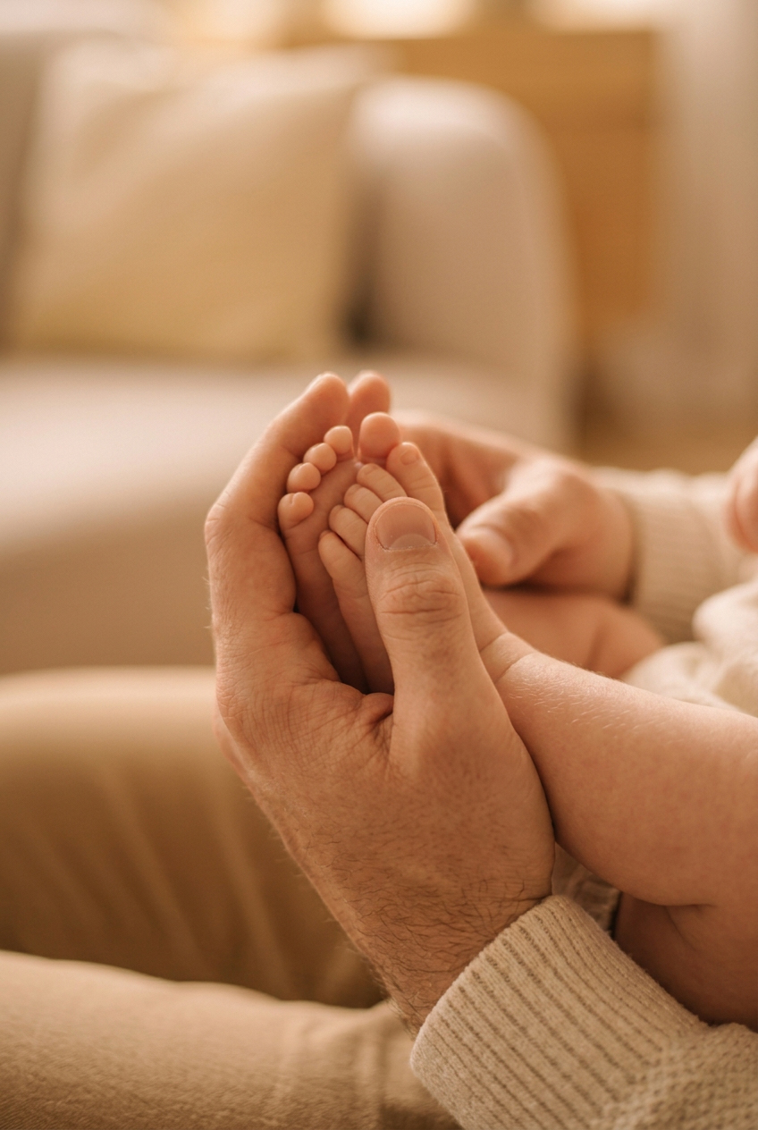 Hände halten liebevoll die Füße eines Babys